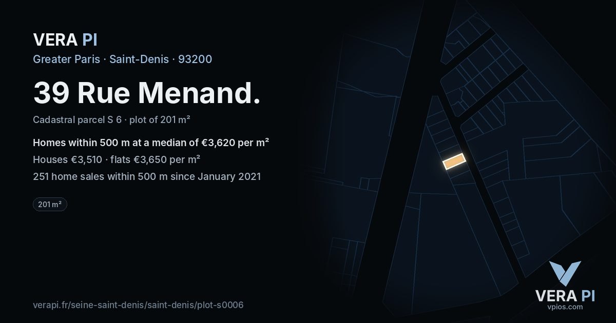 39 Rue Menand, Saint-Denis at night – the plot lit, the parcels around coloured by the prices near them
