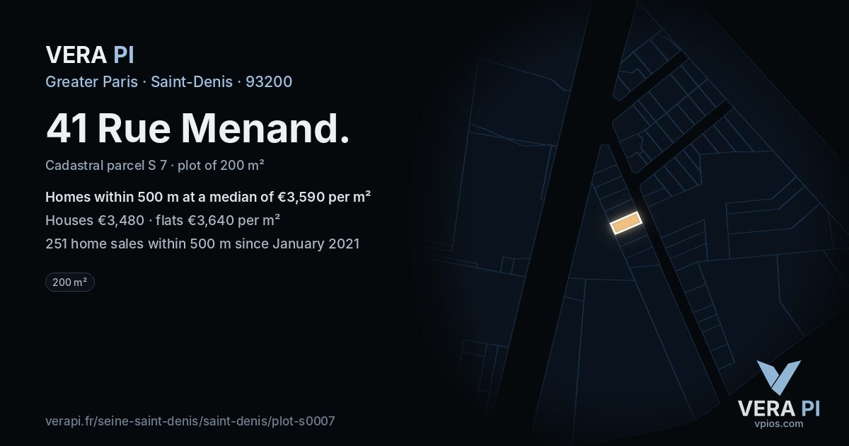 41 Rue Menand, Saint-Denis at night – the plot lit, the parcels around coloured by the prices near them