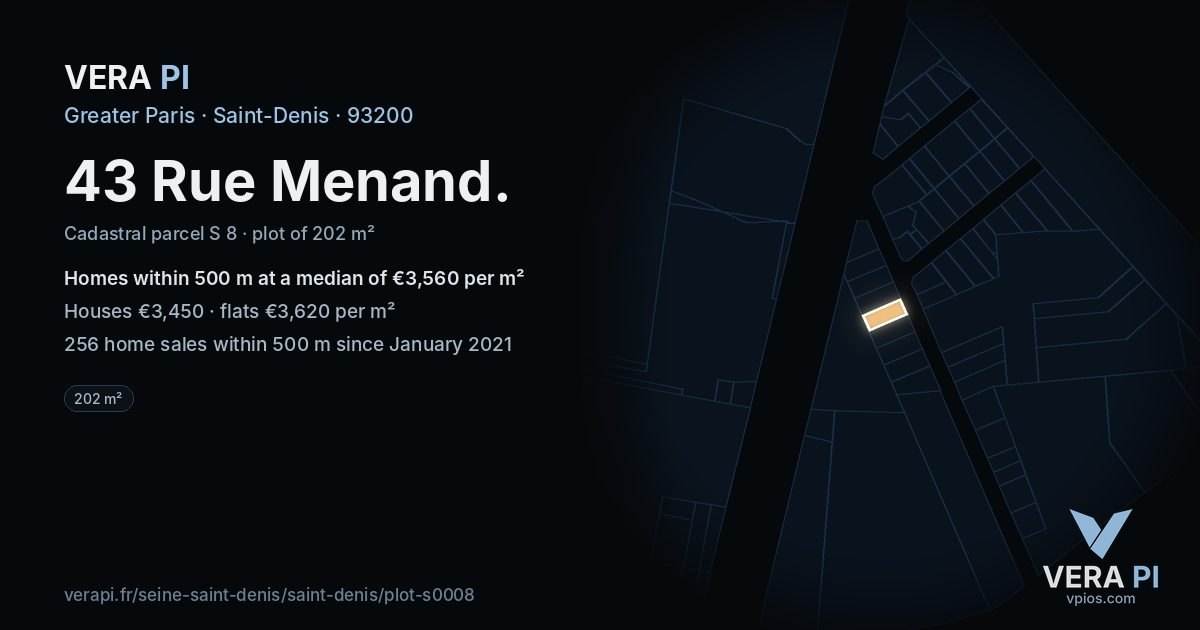 43 Rue Menand, Saint-Denis at night – the plot lit, the parcels around coloured by the prices near them