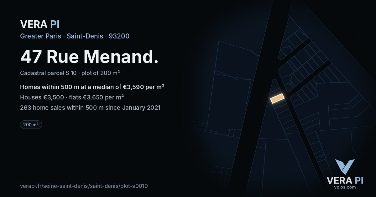 47 Rue Menand, Saint-Denis at night – the plot lit, the parcels around coloured by the prices near them