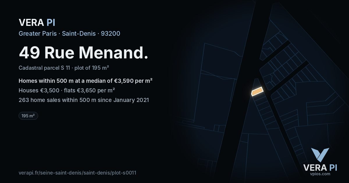 49 Rue Menand, Saint-Denis at night – the plot lit, the parcels around coloured by the prices near them