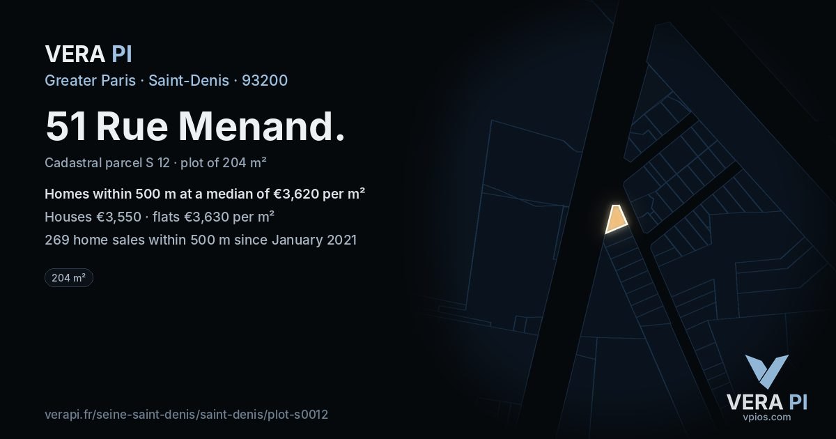51 Rue Menand, Saint-Denis at night – the plot lit, the parcels around coloured by the prices near them