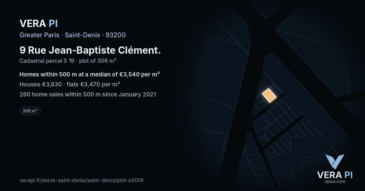 9 Rue Jean-Baptiste Clément, Saint-Denis at night – the plot lit, the parcels around coloured by the prices near them