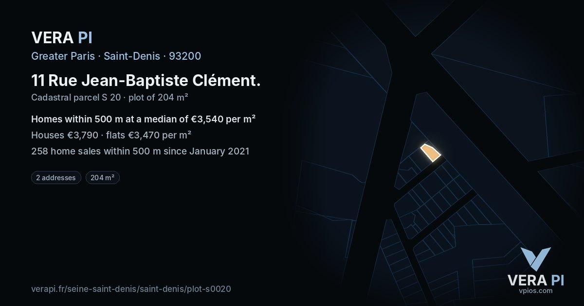 11 Rue Jean-Baptiste Clément, Saint-Denis at night – the plot lit, the parcels around coloured by the prices near them