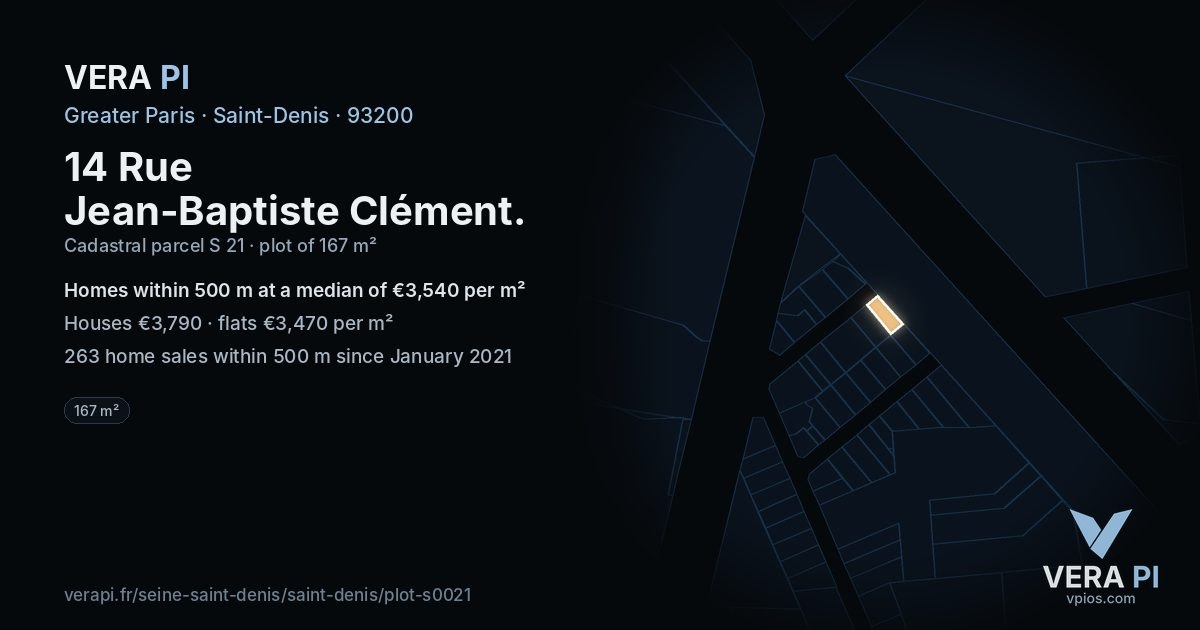 14 Rue Jean-Baptiste Clément, Saint-Denis at night – the plot lit, the parcels around coloured by the prices near them