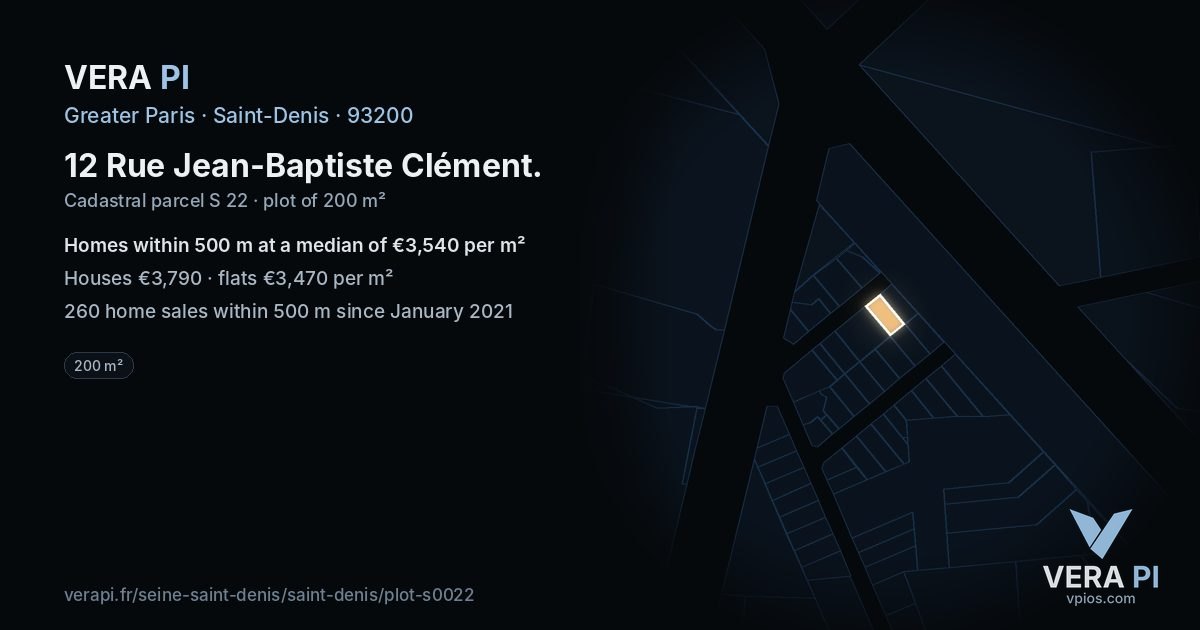 12 Rue Jean-Baptiste Clément, Saint-Denis at night – the plot lit, the parcels around coloured by the prices near them