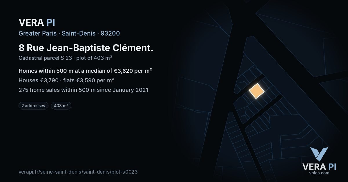 8 Rue Jean-Baptiste Clément, Saint-Denis at night – the plot lit, the parcels around coloured by the prices near them