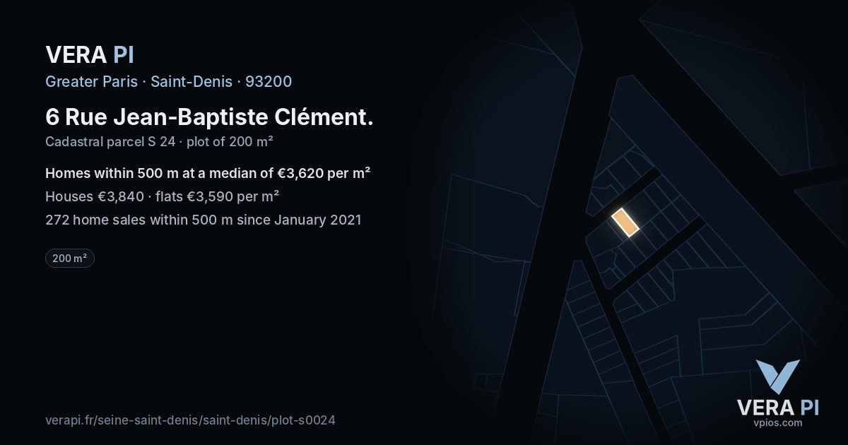 6 Rue Jean-Baptiste Clément, Saint-Denis at night – the plot lit, the parcels around coloured by the prices near them