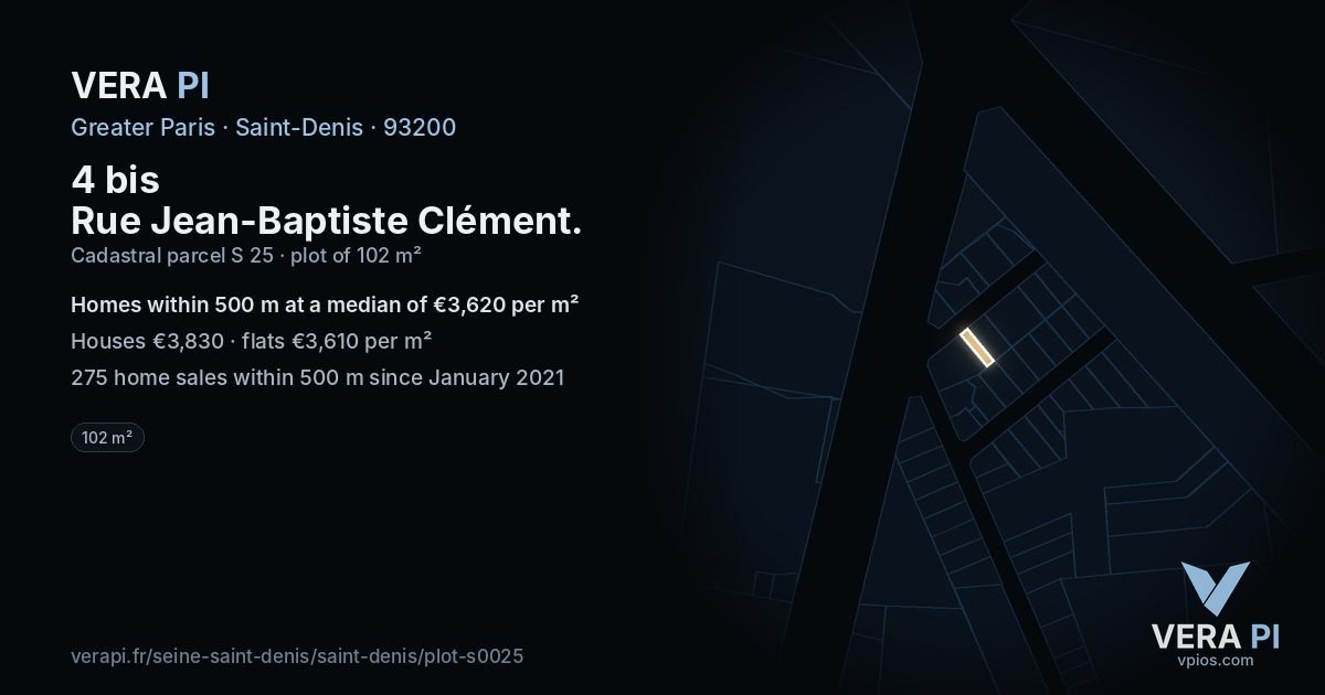4 bis Rue Jean-Baptiste Clément, Saint-Denis at night – the plot lit, the parcels around coloured by the prices near them