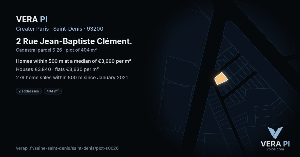 2 Rue Jean-Baptiste Clément, Saint-Denis at night – the plot lit, the parcels around coloured by the prices near them