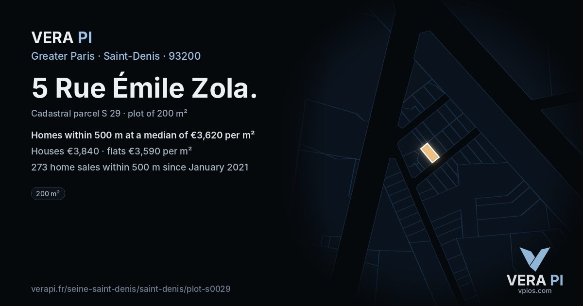 5 Rue Émile Zola, Saint-Denis at night – the plot lit, the parcels around coloured by the prices near them