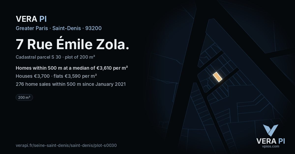 7 Rue Émile Zola, Saint-Denis at night – the plot lit, the parcels around coloured by the prices near them