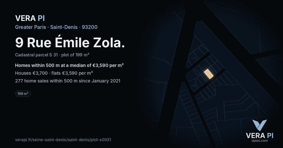 9 Rue Émile Zola, Saint-Denis at night – the plot lit, the parcels around coloured by the prices near them
