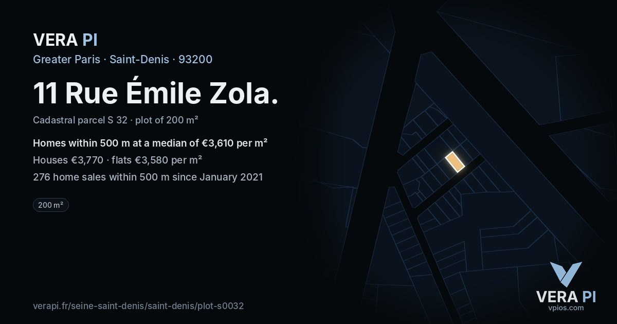 11 Rue Émile Zola, Saint-Denis at night – the plot lit, the parcels around coloured by the prices near them