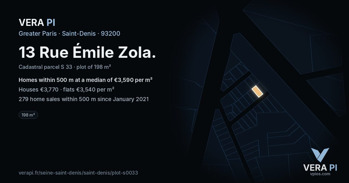 13 Rue Émile Zola, Saint-Denis at night – the plot lit, the parcels around coloured by the prices near them