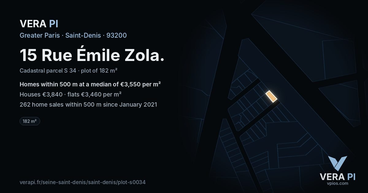 15 Rue Émile Zola, Saint-Denis at night – the plot lit, the parcels around coloured by the prices near them
