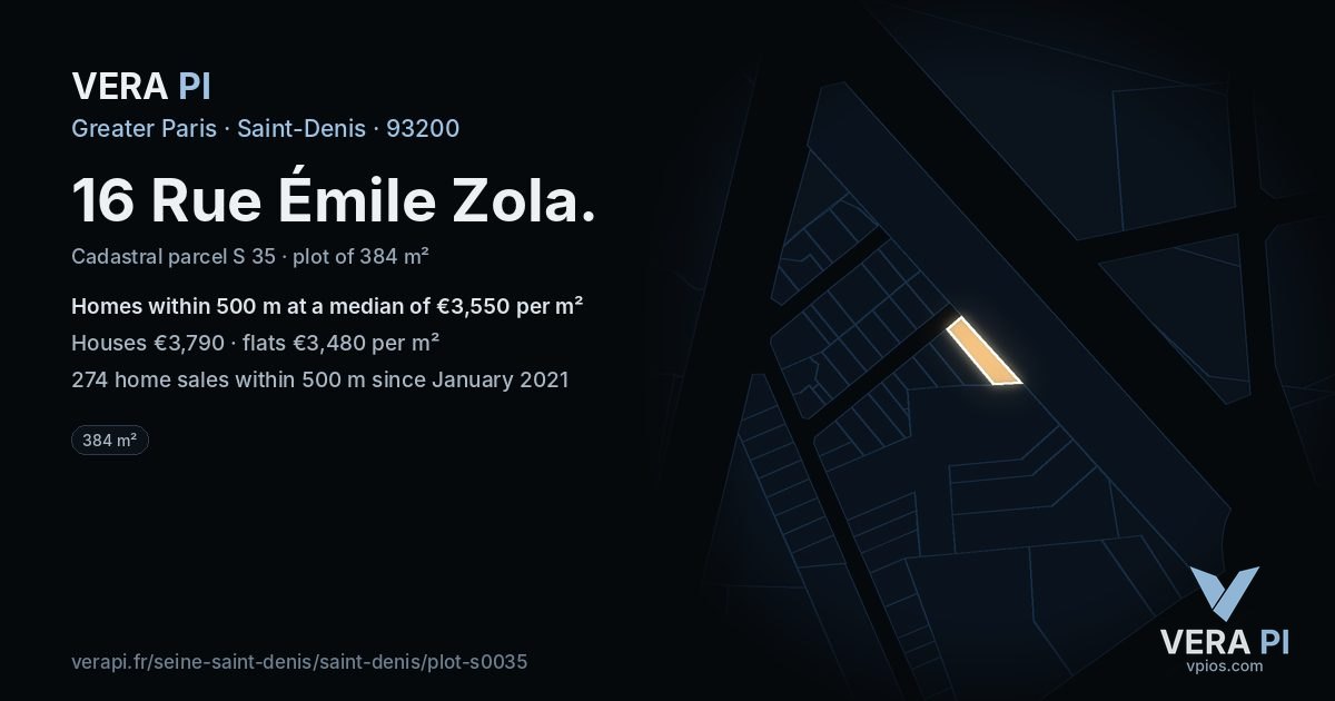 16 Rue Émile Zola, Saint-Denis at night – the plot lit, the parcels around coloured by the prices near them