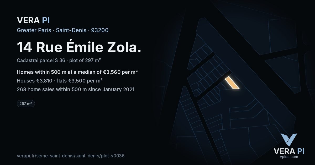 14 Rue Émile Zola, Saint-Denis at night – the plot lit, the parcels around coloured by the prices near them