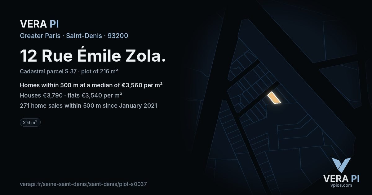 12 Rue Émile Zola, Saint-Denis at night – the plot lit, the parcels around coloured by the prices near them