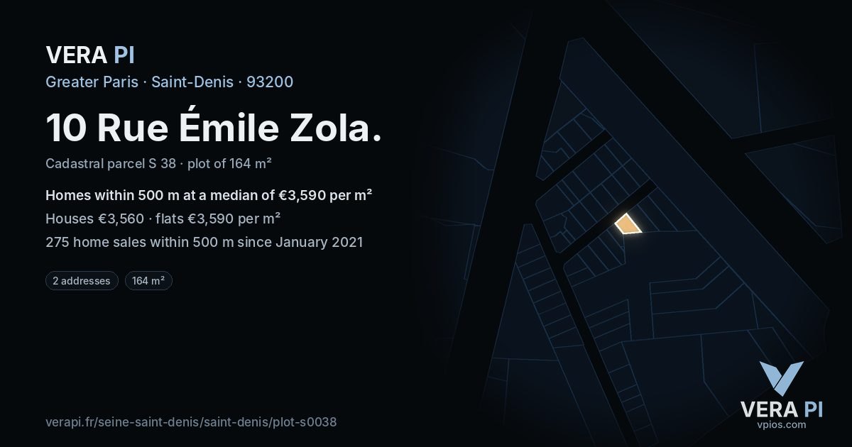 10 Rue Émile Zola, Saint-Denis at night – the plot lit, the parcels around coloured by the prices near them