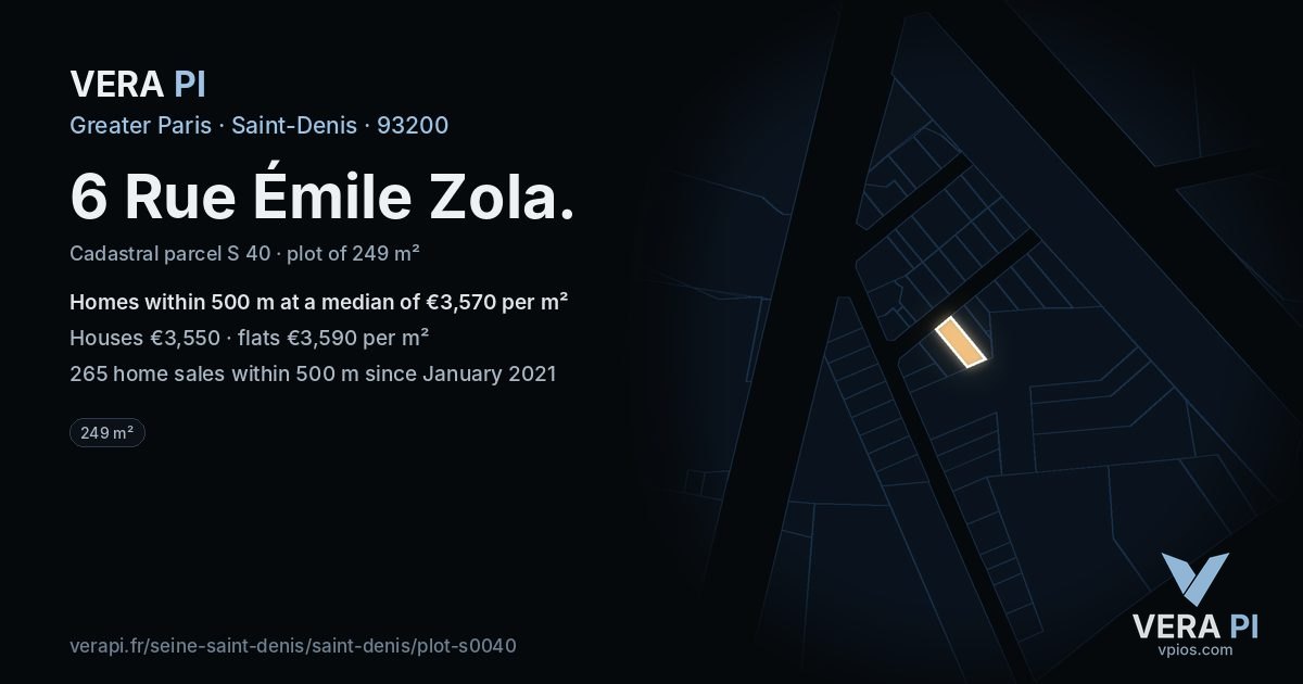 6 Rue Émile Zola, Saint-Denis at night – the plot lit, the parcels around coloured by the prices near them
