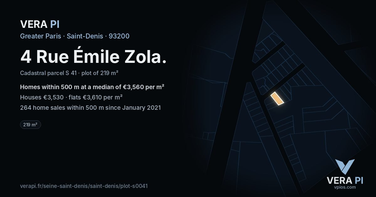 4 Rue Émile Zola, Saint-Denis at night – the plot lit, the parcels around coloured by the prices near them