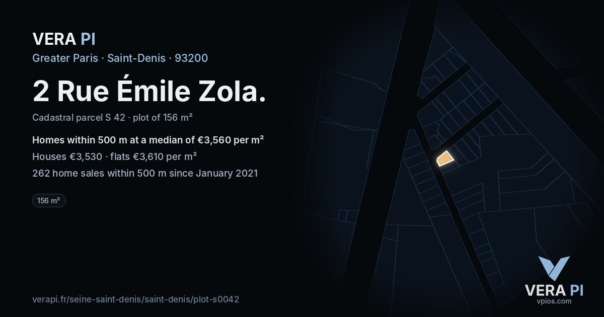 2 Rue Émile Zola, Saint-Denis at night – the plot lit, the parcels around coloured by the prices near them