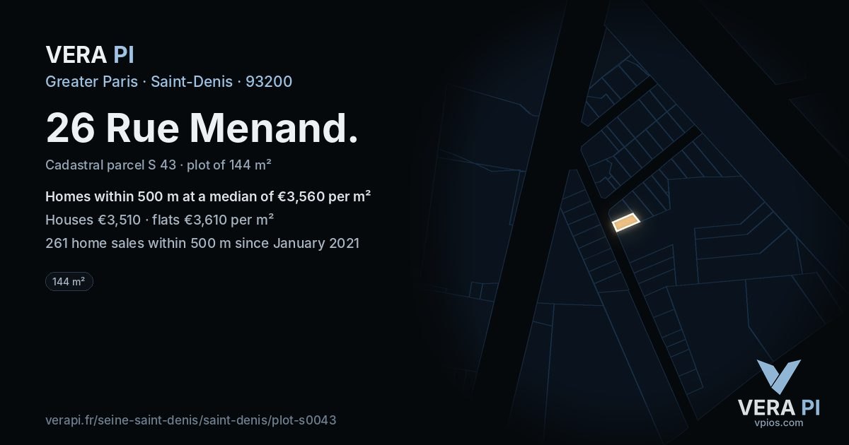 26 Rue Menand, Saint-Denis at night – the plot lit, the parcels around coloured by the prices near them