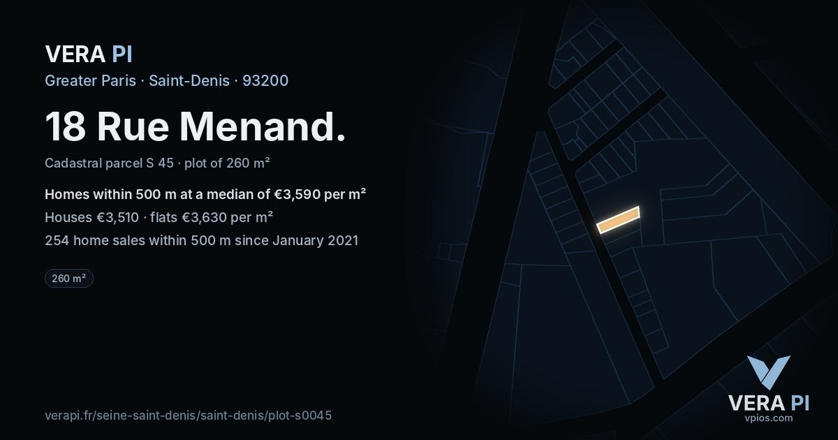 18 Rue Menand, Saint-Denis at night – the plot lit, the parcels around coloured by the prices near them