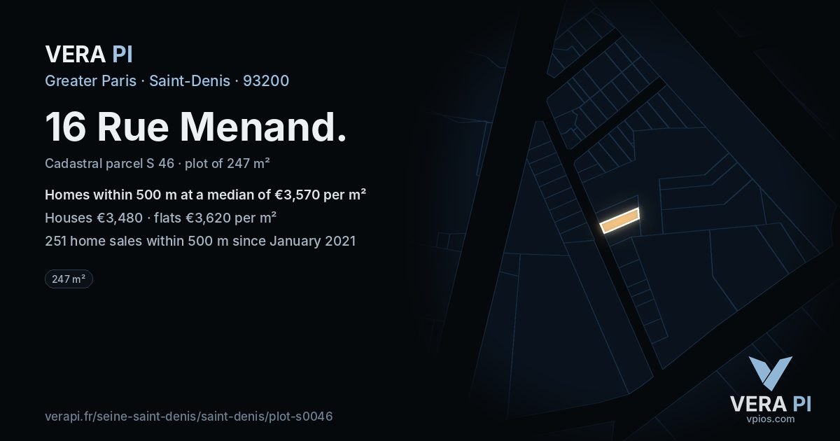 16 Rue Menand, Saint-Denis at night – the plot lit, the parcels around coloured by the prices near them