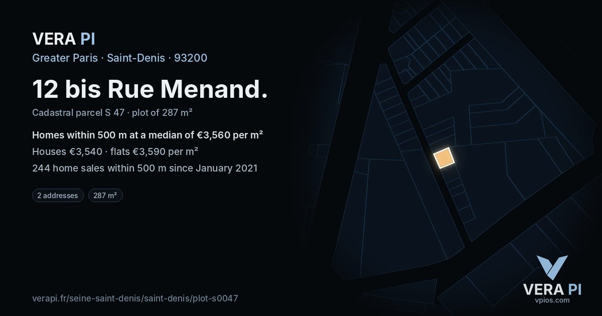 12 bis Rue Menand, Saint-Denis at night – the plot lit, the parcels around coloured by the prices near them