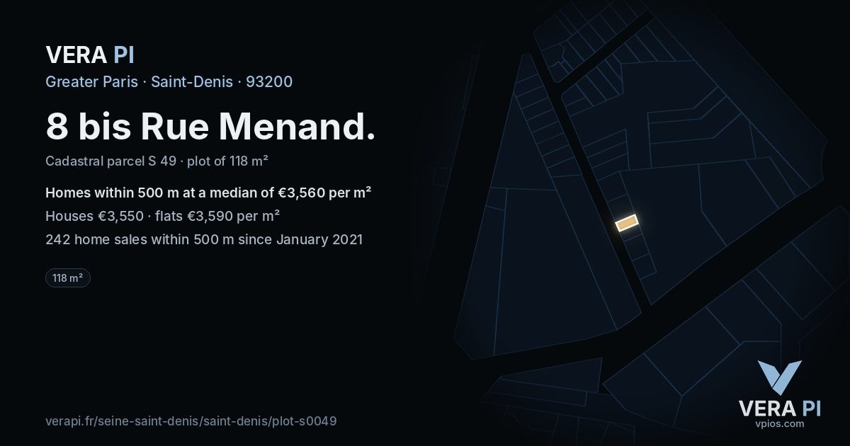 8 bis Rue Menand, Saint-Denis at night – the plot lit, the parcels around coloured by the prices near them