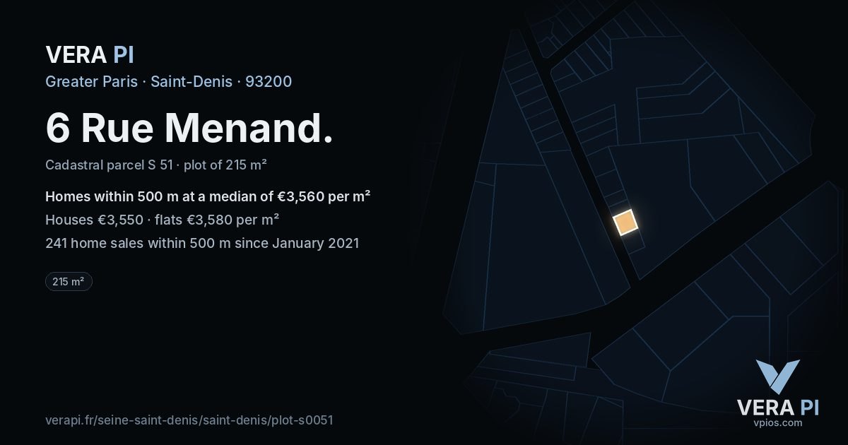 6 Rue Menand, Saint-Denis at night – the plot lit, the parcels around coloured by the prices near them