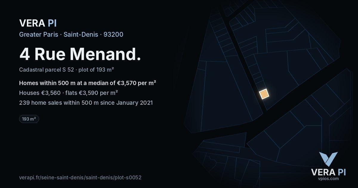 4 Rue Menand, Saint-Denis at night – the plot lit, the parcels around coloured by the prices near them