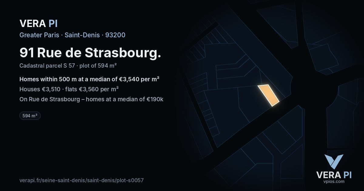 91 Rue de Strasbourg, Saint-Denis at night – the plot lit, the parcels around coloured by the prices near them