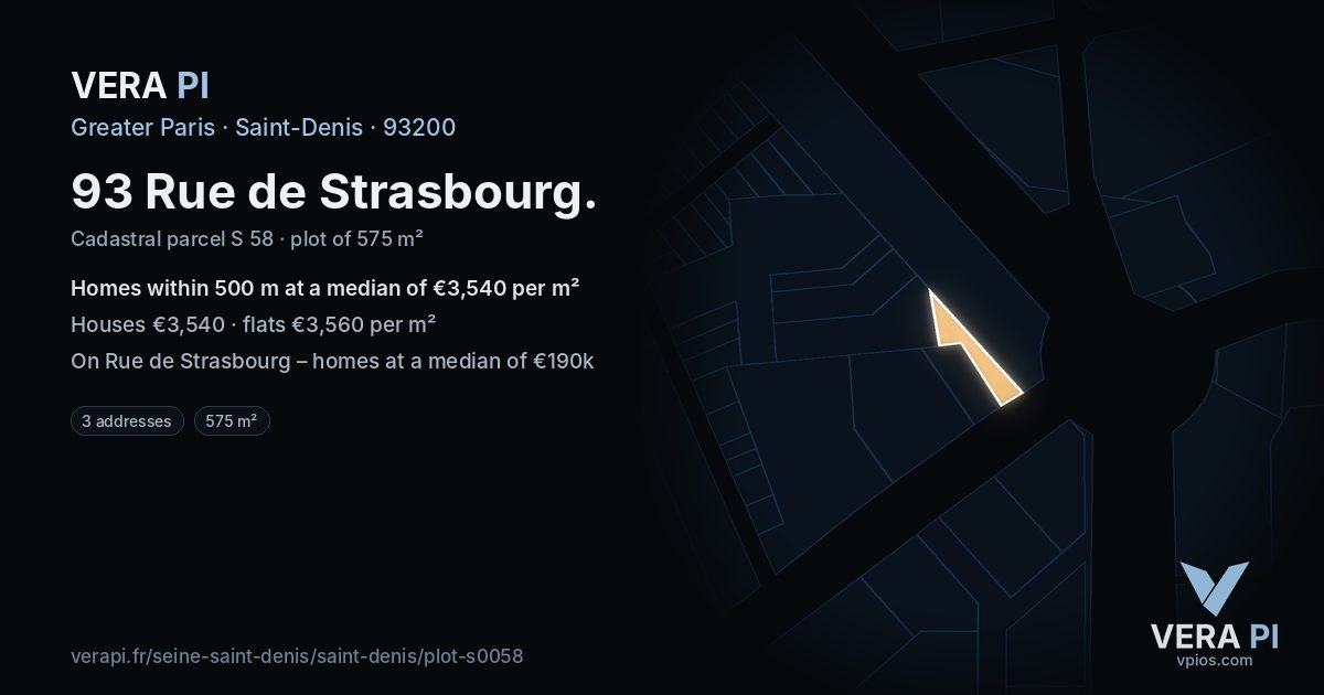 93 Rue de Strasbourg, Saint-Denis at night – the plot lit, the parcels around coloured by the prices near them