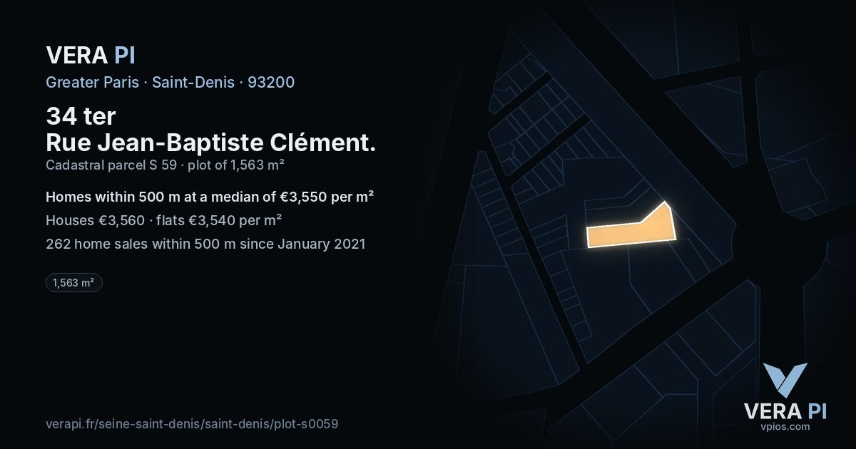 34 ter Rue Jean-Baptiste Clément, Saint-Denis at night – the plot lit, the parcels around coloured by the prices near them