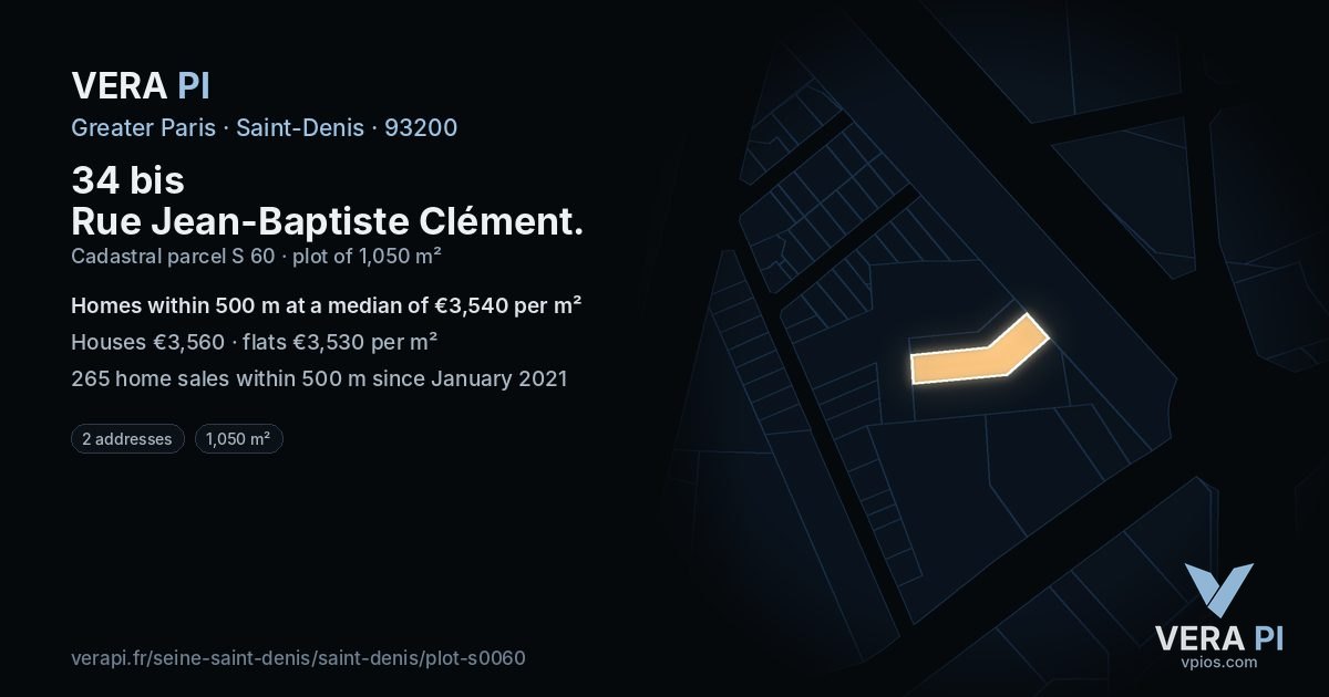 34 bis Rue Jean-Baptiste Clément, Saint-Denis at night – the plot lit, the parcels around coloured by the prices near them