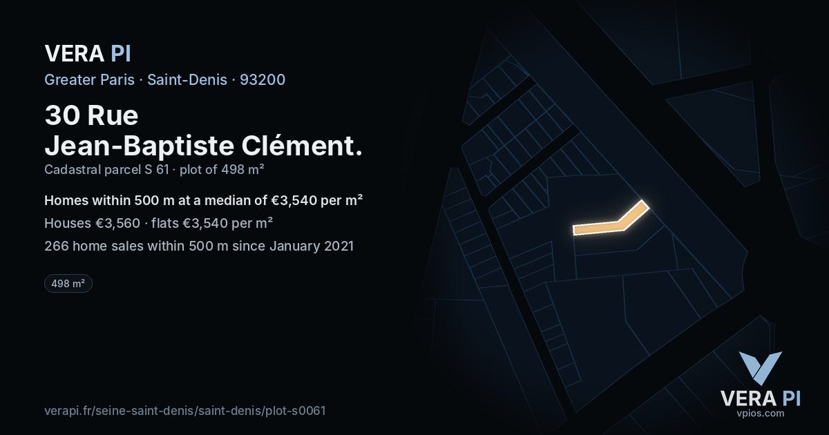 30 Rue Jean-Baptiste Clément, Saint-Denis at night – the plot lit, the parcels around coloured by the prices near them