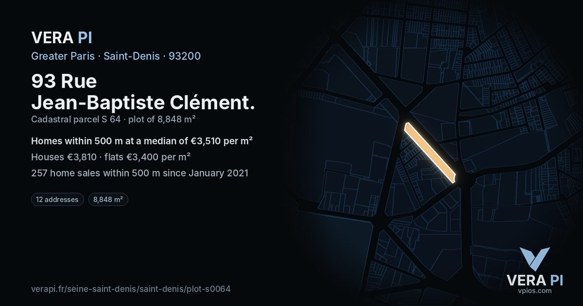 93 Rue Jean-Baptiste Clément, Saint-Denis at night – the plot lit, the parcels around coloured by the prices near them