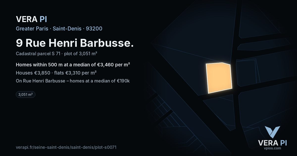 9 Rue Henri Barbusse, Saint-Denis at night – the plot lit, the parcels around coloured by the prices near them
