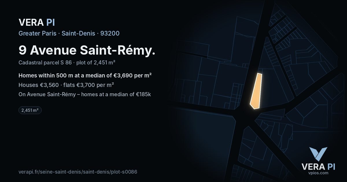 9 Avenue Saint-Rémy, Saint-Denis at night – the plot lit, the parcels around coloured by the prices near them