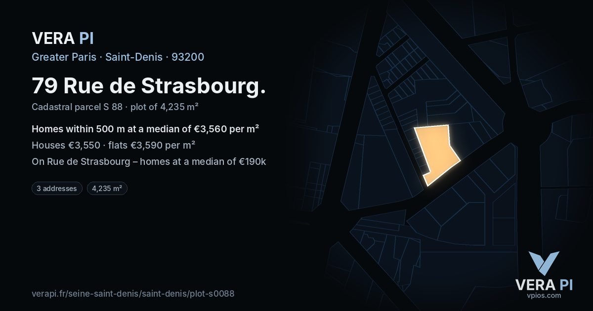 79 Rue de Strasbourg, Saint-Denis at night – the plot lit, the parcels around coloured by the prices near them