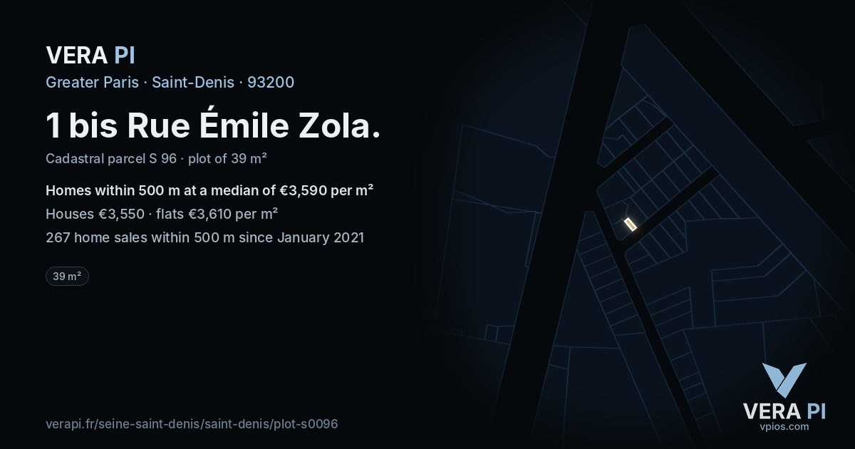 1 bis Rue Émile Zola, Saint-Denis at night – the plot lit, the parcels around coloured by the prices near them