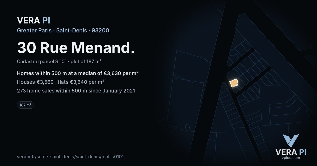 30 Rue Menand, Saint-Denis at night – the plot lit, the parcels around coloured by the prices near them