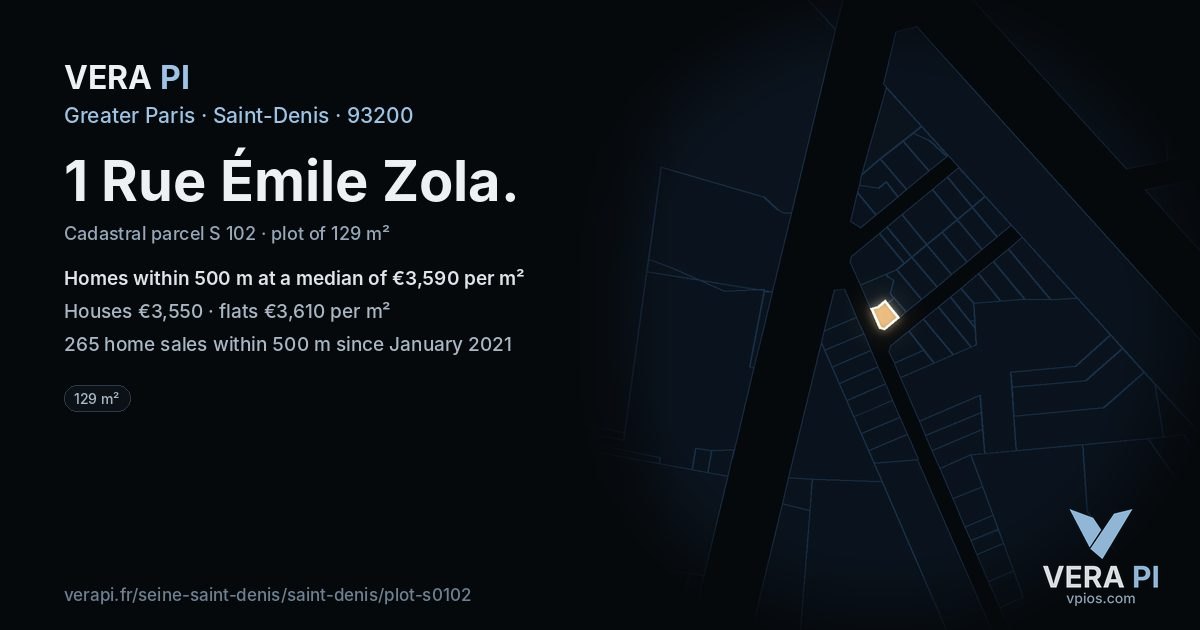 1 Rue Émile Zola, Saint-Denis at night – the plot lit, the parcels around coloured by the prices near them