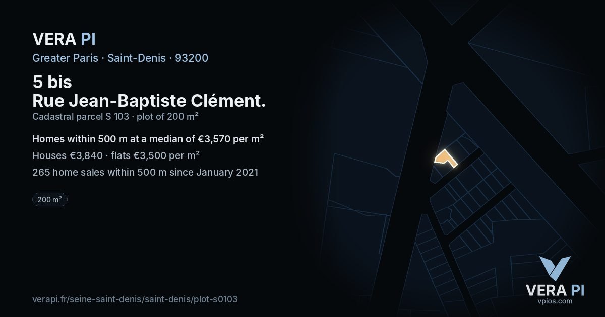 5 bis Rue Jean-Baptiste Clément, Saint-Denis at night – the plot lit, the parcels around coloured by the prices near them