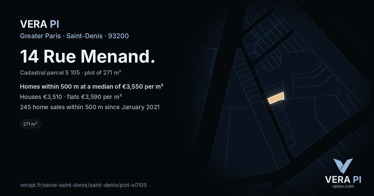 14 Rue Menand, Saint-Denis at night – the plot lit, the parcels around coloured by the prices near them