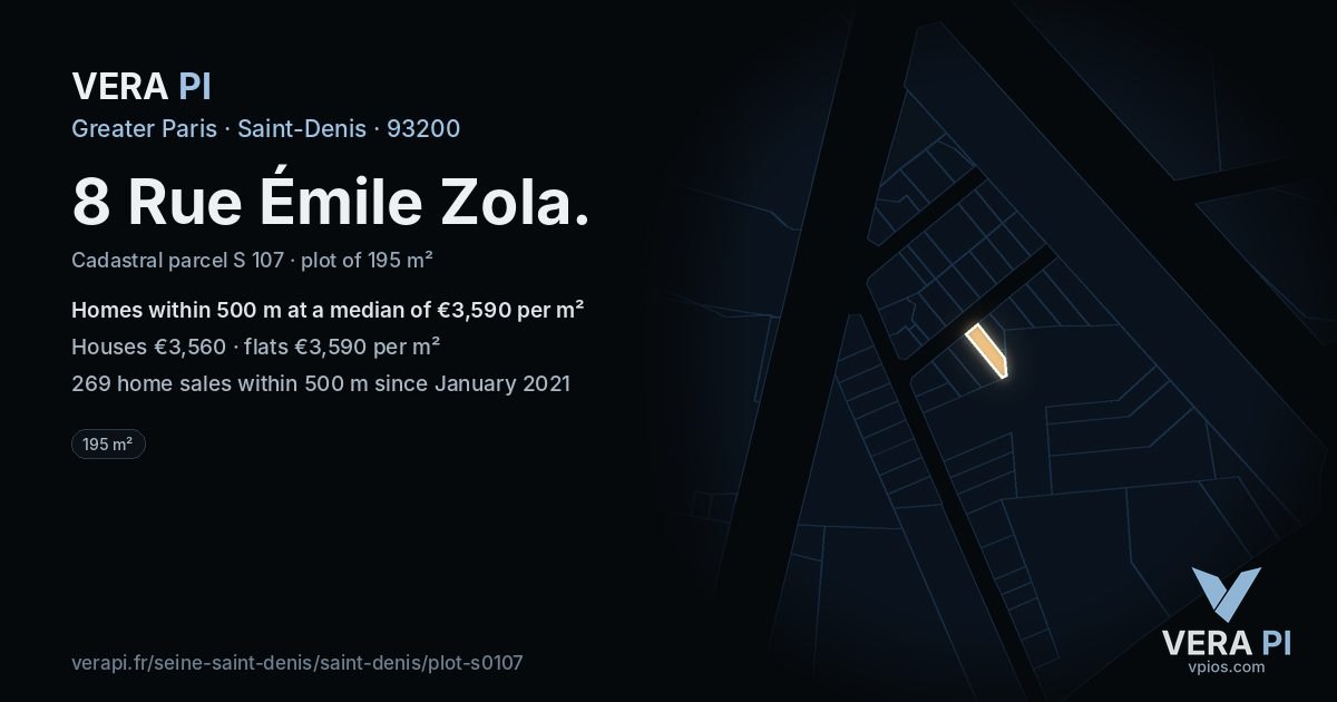 8 Rue Émile Zola, Saint-Denis at night – the plot lit, the parcels around coloured by the prices near them