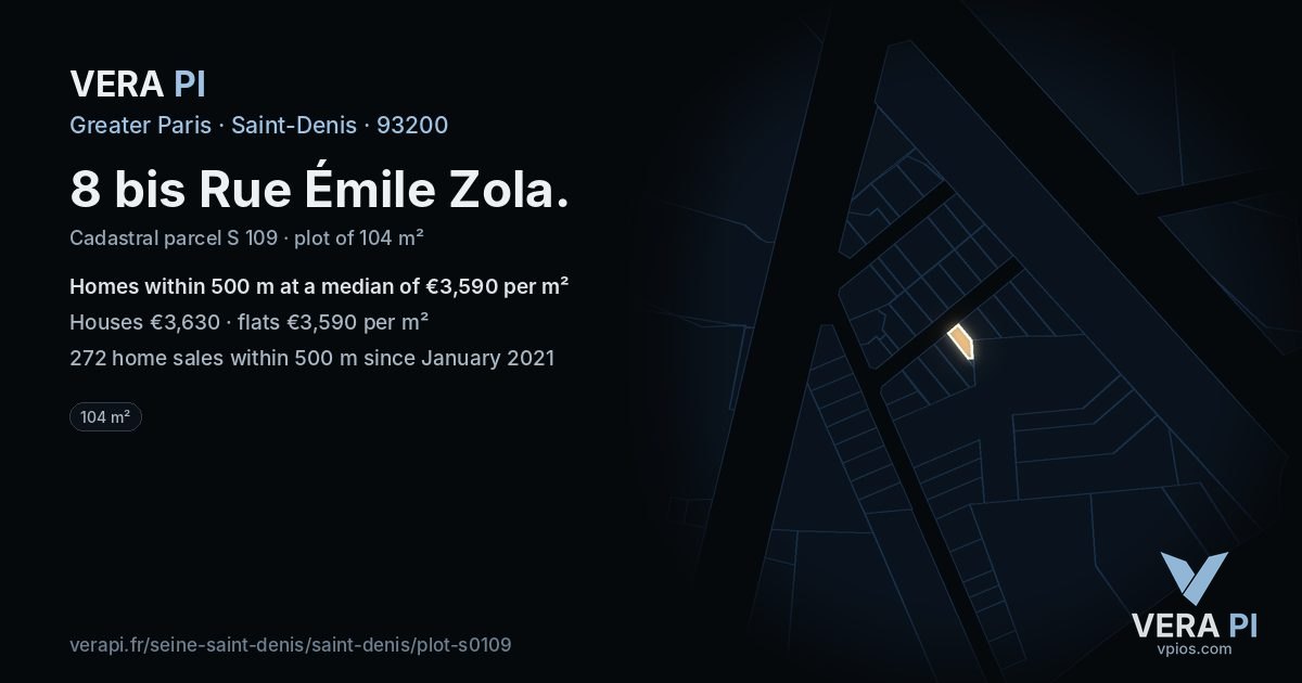 8 bis Rue Émile Zola, Saint-Denis at night – the plot lit, the parcels around coloured by the prices near them